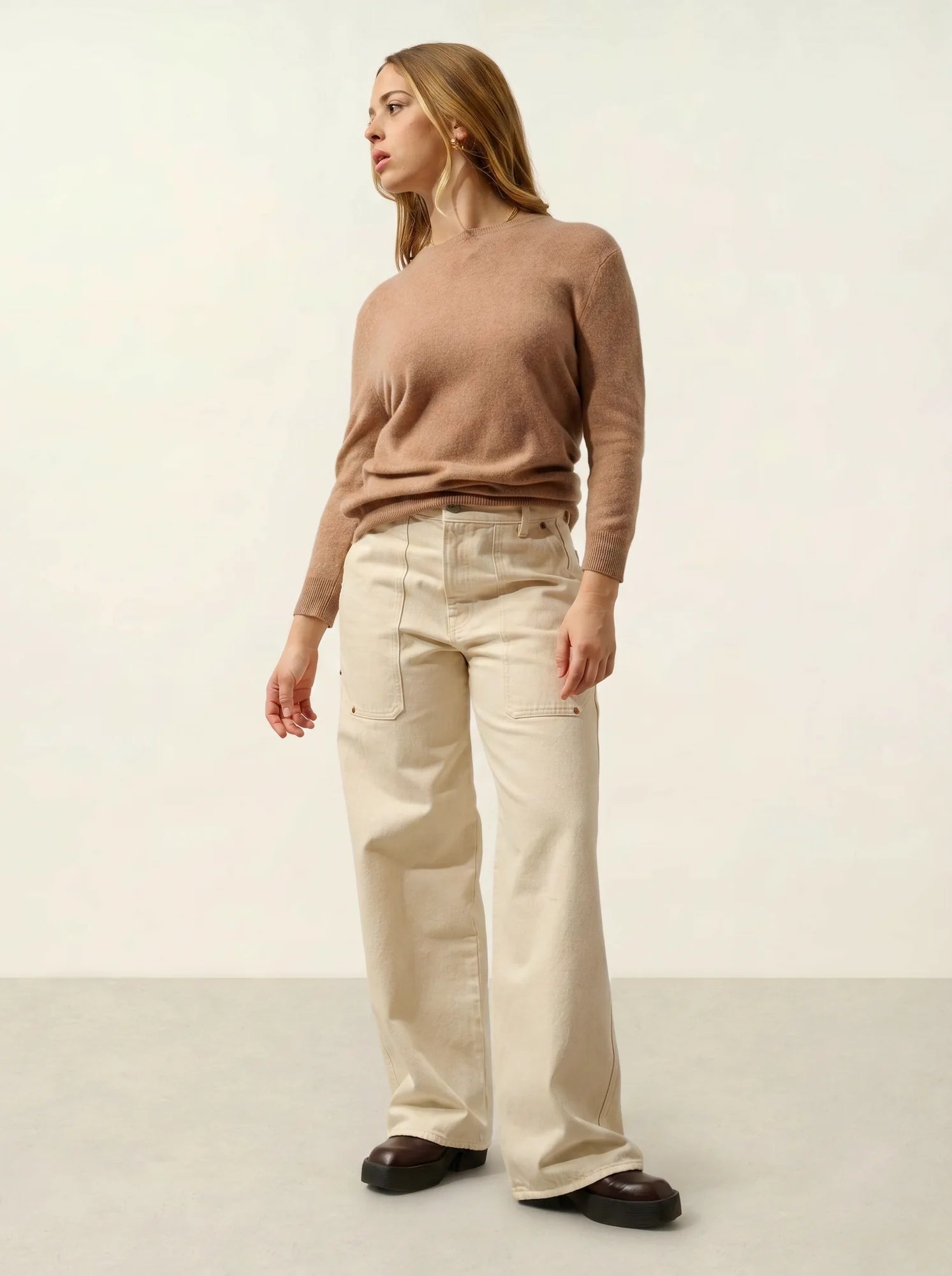 ESTARIS pull col rond boutonné dos camel chiné