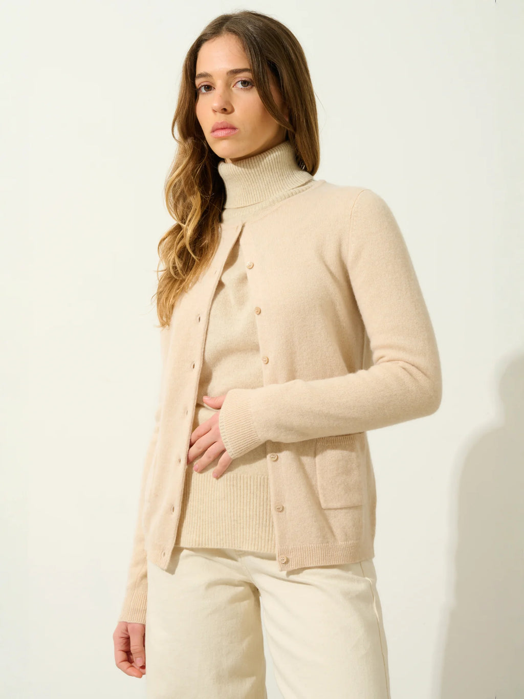 CARON cardigan col rond sable