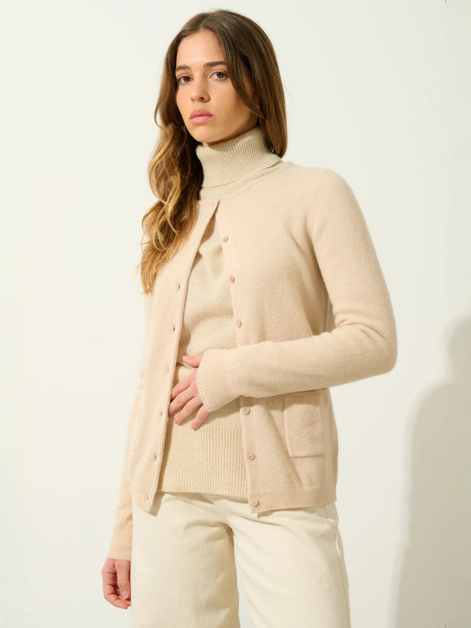 CARON cardigan col rond sable
