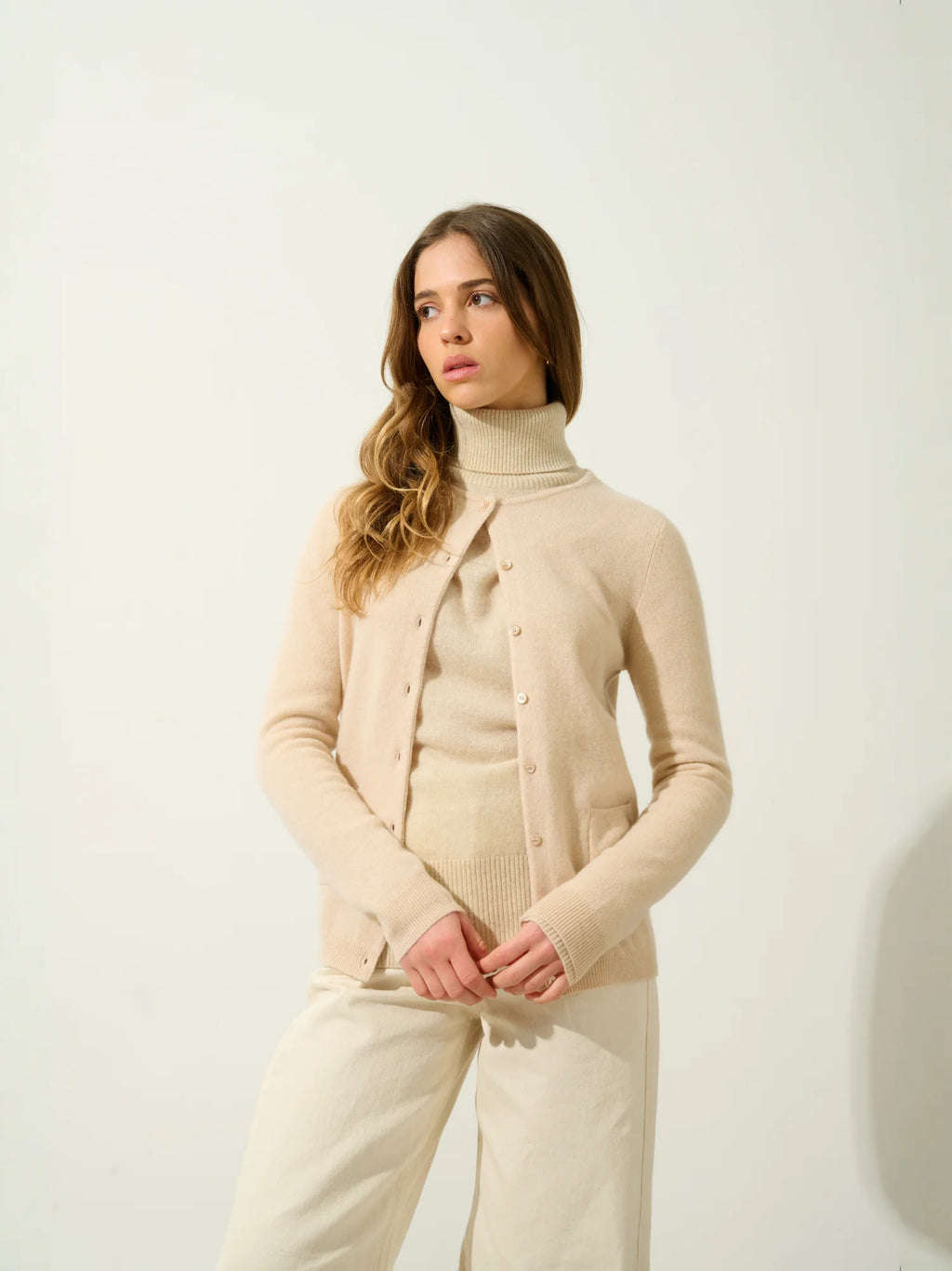 CARON cardigan col rond sable