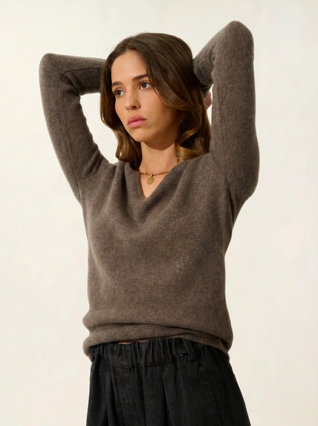 CHELSEA pull col V 4 fils taupe chiné