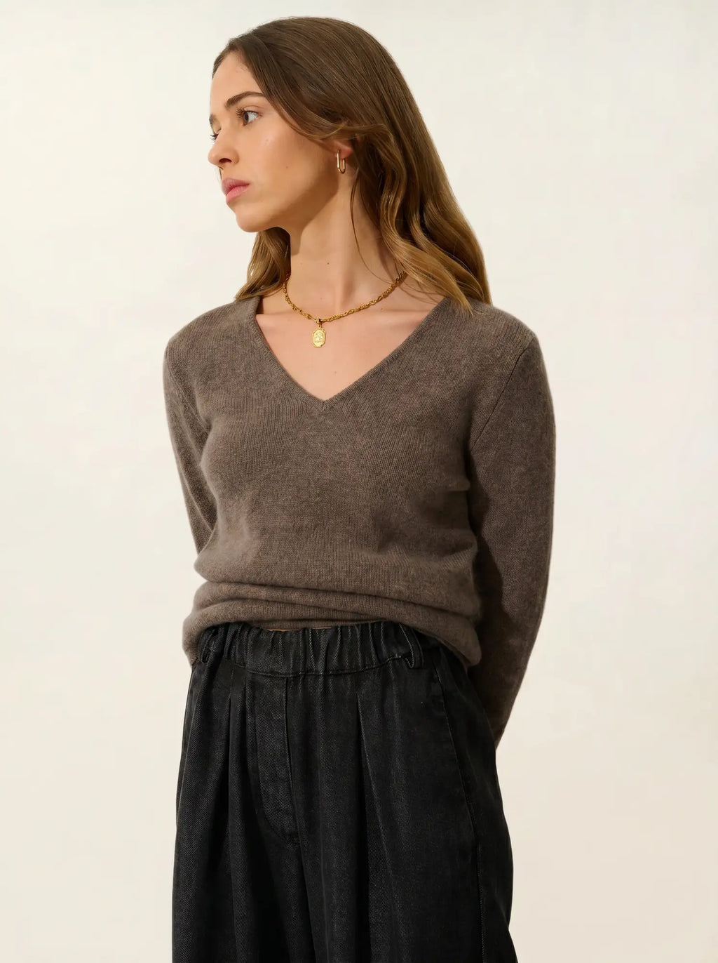CHELSEA pull col V 4 fils taupe chiné