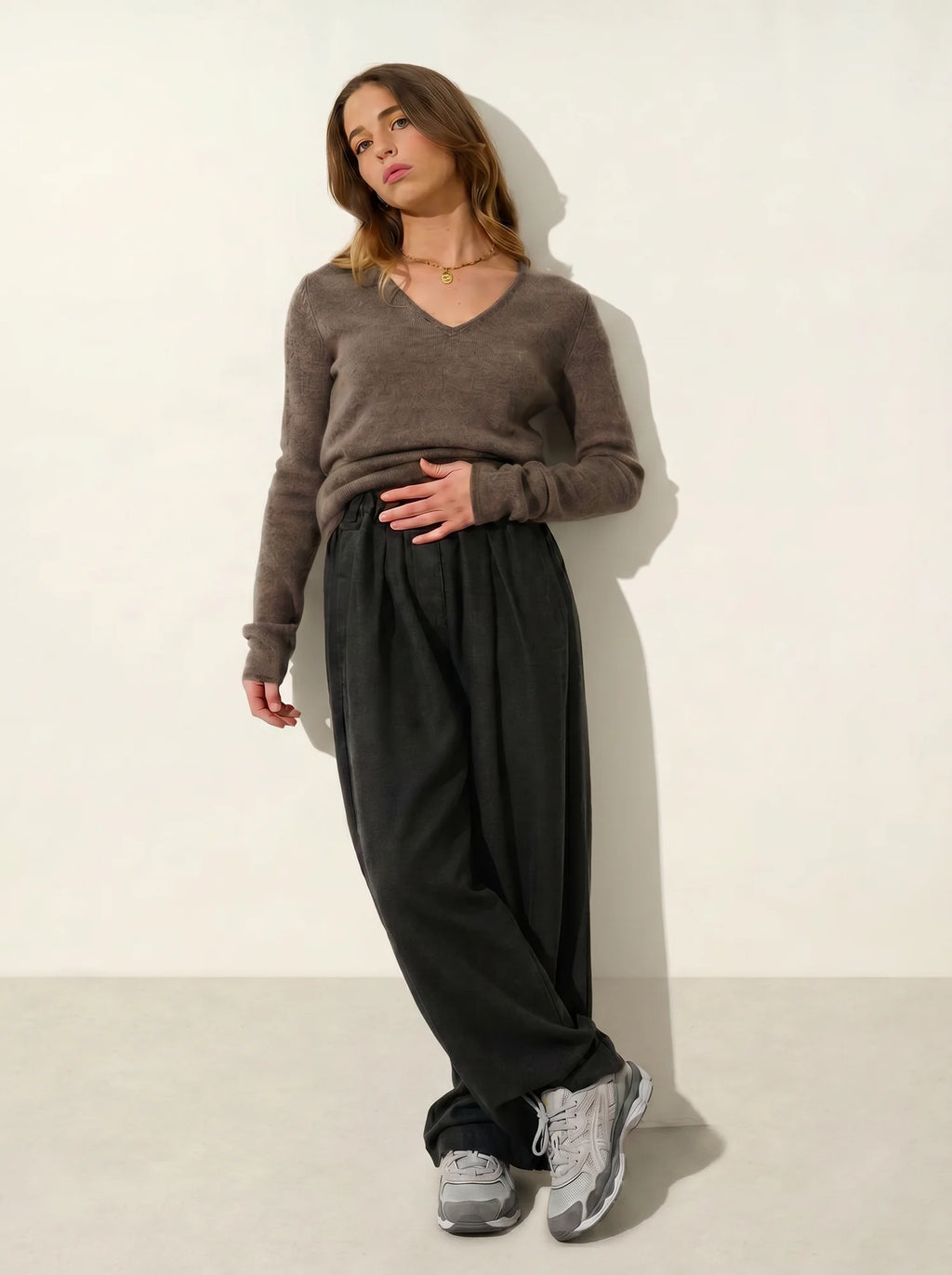 CHELSEA pull col V 4 fils taupe chiné