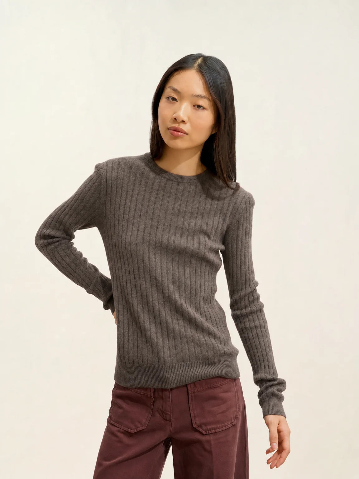 BELLA pull col rond taupe chiné