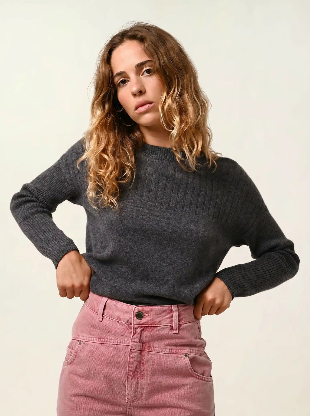 DARIA pull col rond anthracite chiné