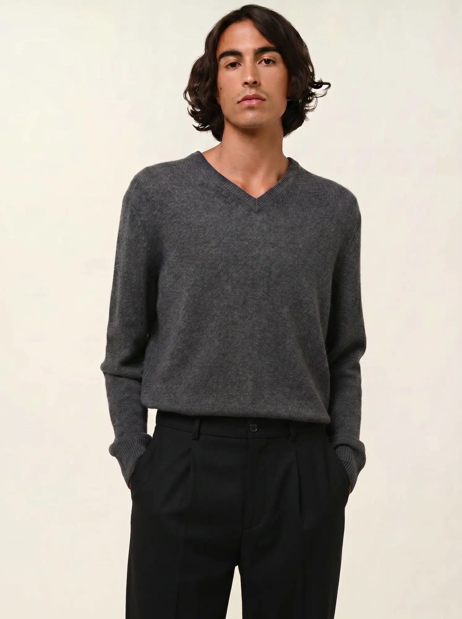 VICTOR pull col V 4 fils anthracite chiné
