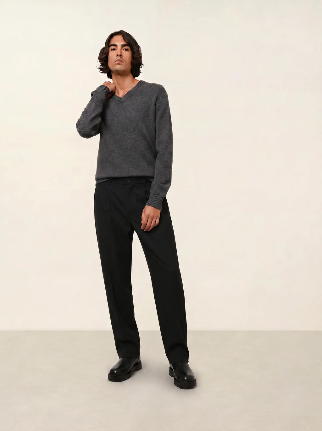 VICTOR pull col V 4 fils anthracite chiné