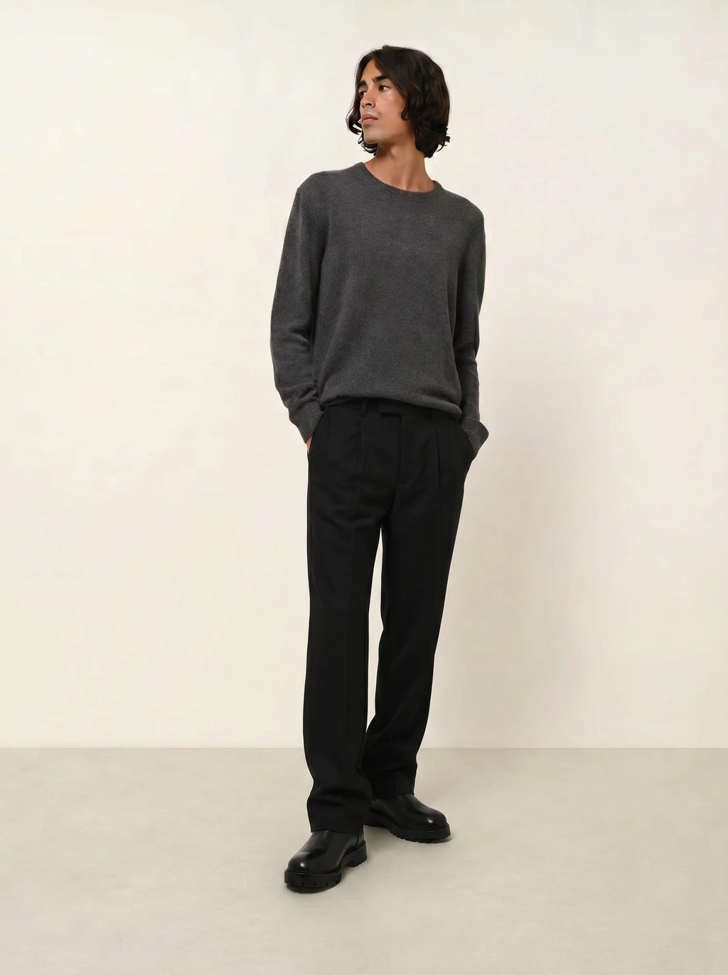 VICTO pull col rond 4 fils anthracite chiné