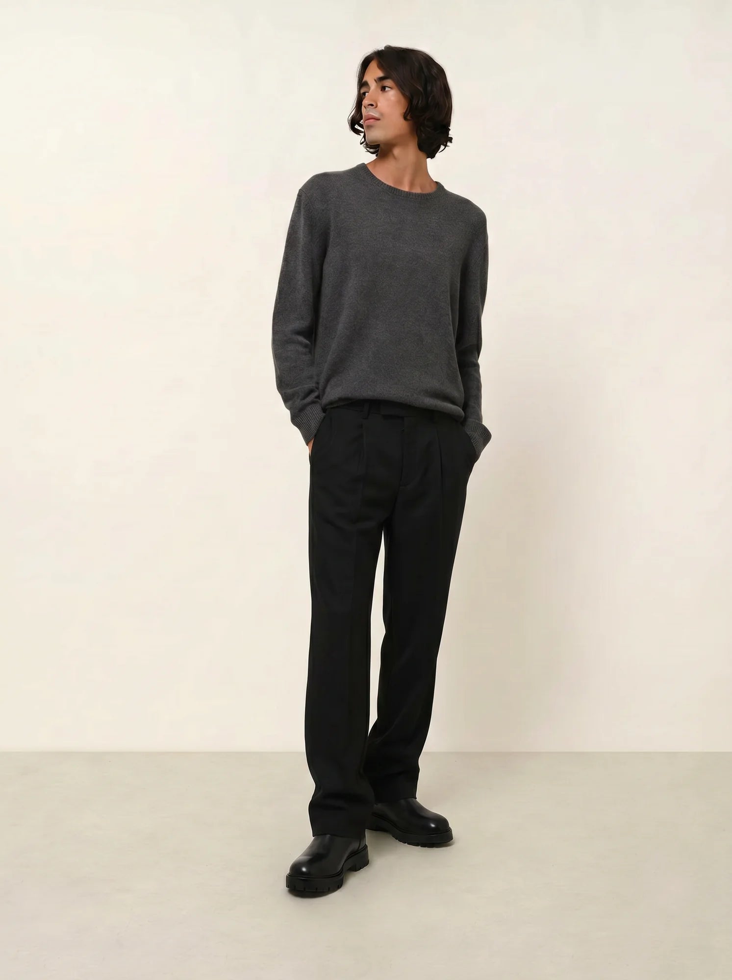 VICTO pull col rond 4 fils anthracite chiné