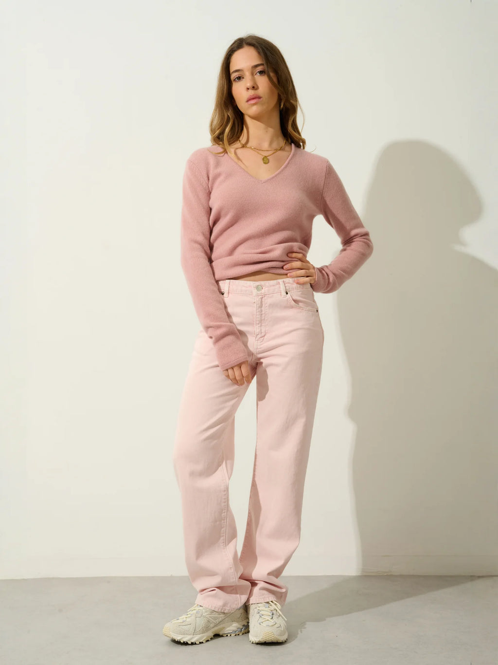 CHELSEA pull col V 4 fils bois de rose