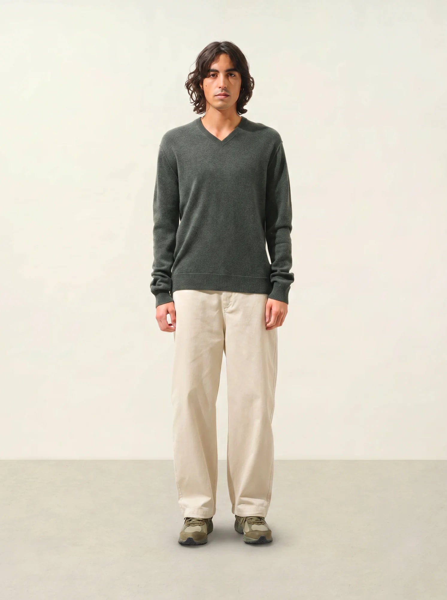 TIMEO Pullover V-Ausschnitt Khaki meliert