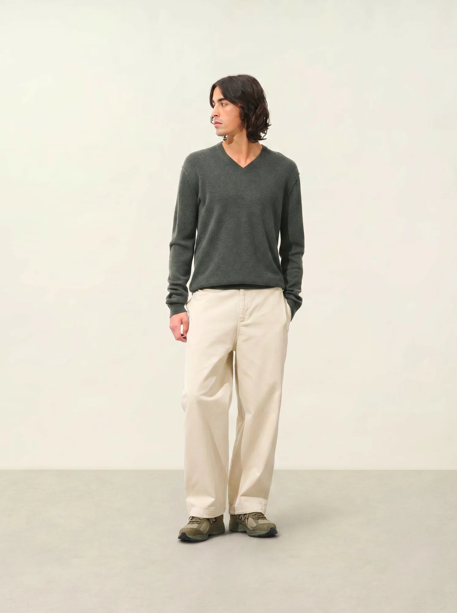 TIMEO Pullover V-Ausschnitt Khaki meliert