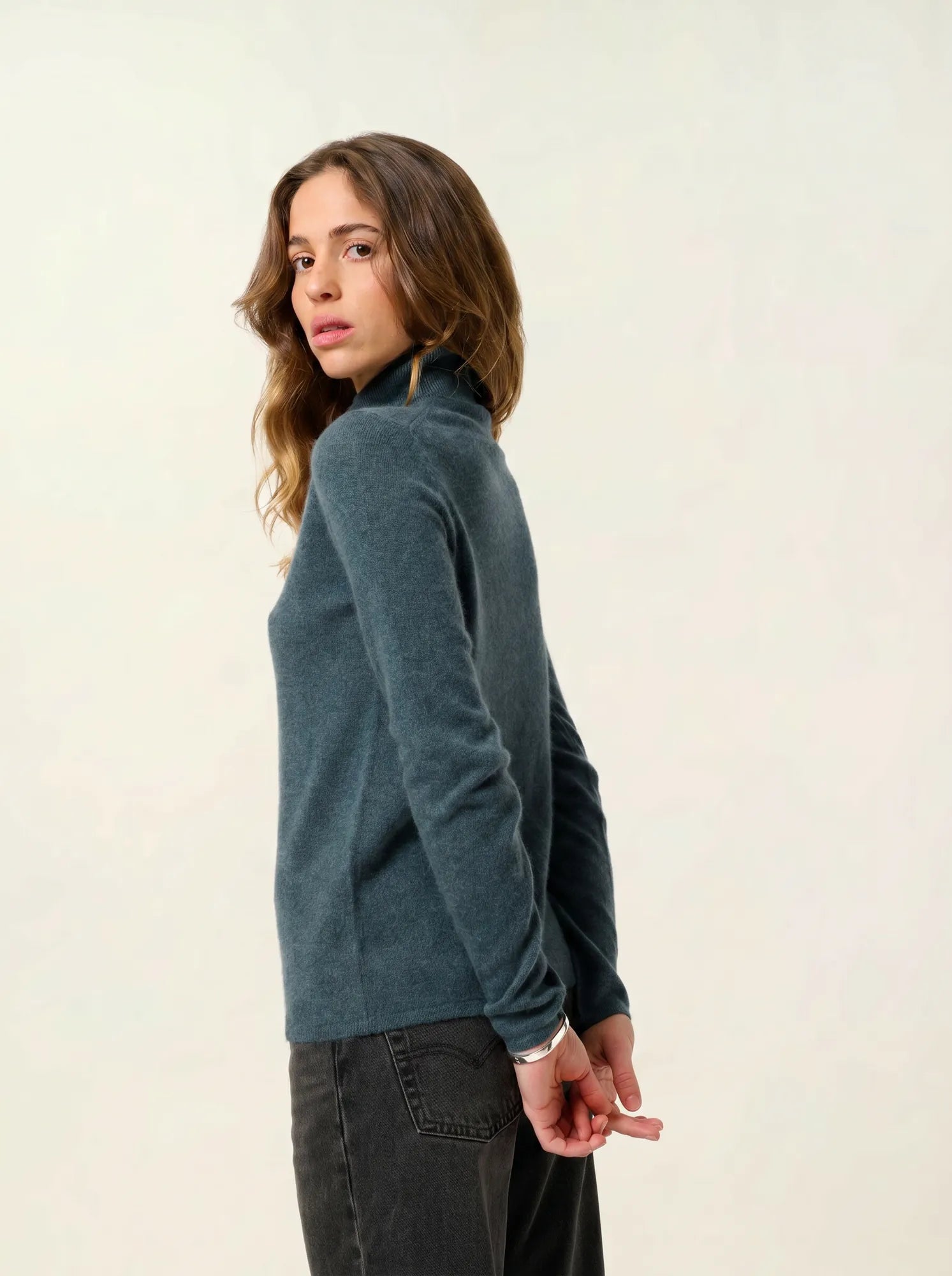 BISE pull col roulé vert canard chiné