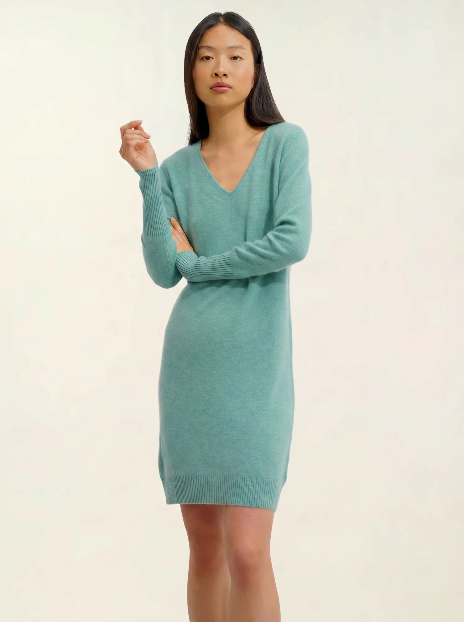 CAPELET robe col V vert chiné