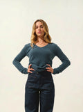 CHELSEA pull col V 4 fils vert canard chiné
