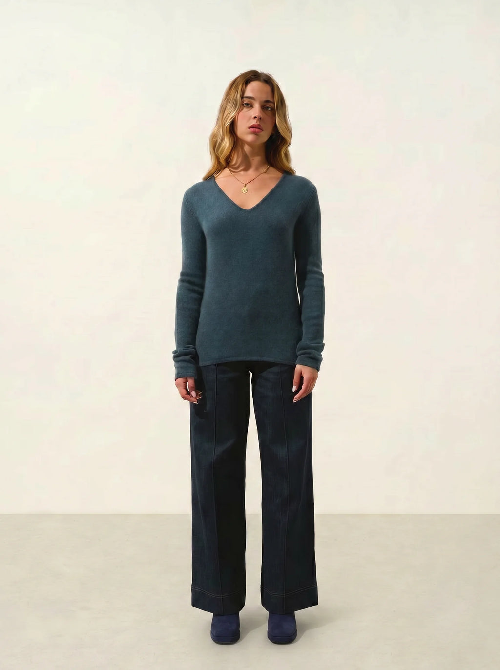CHELSEA pull col V 4 fils vert canard chiné