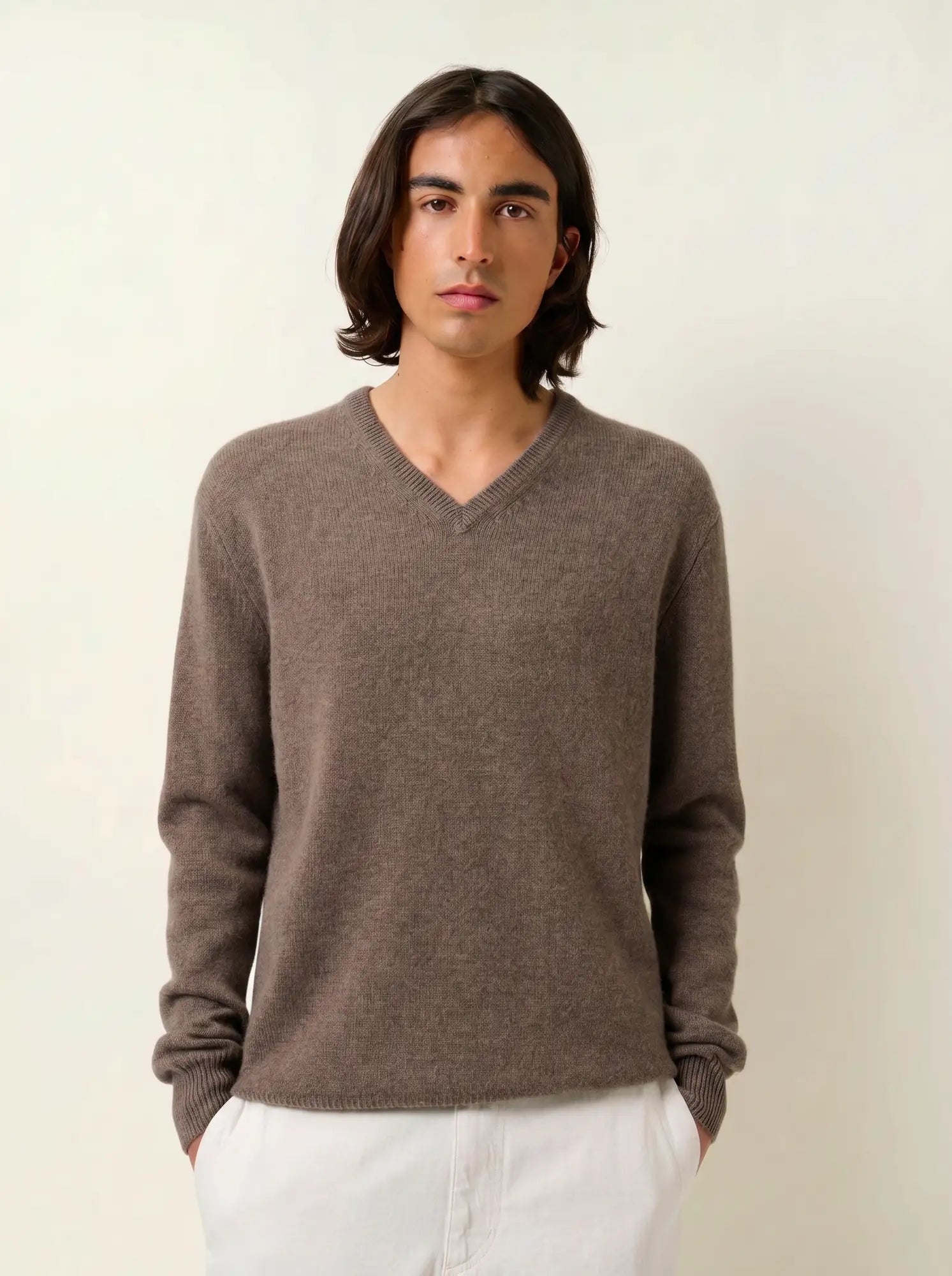 VICTOR pull col V 4 fils taupe chiné