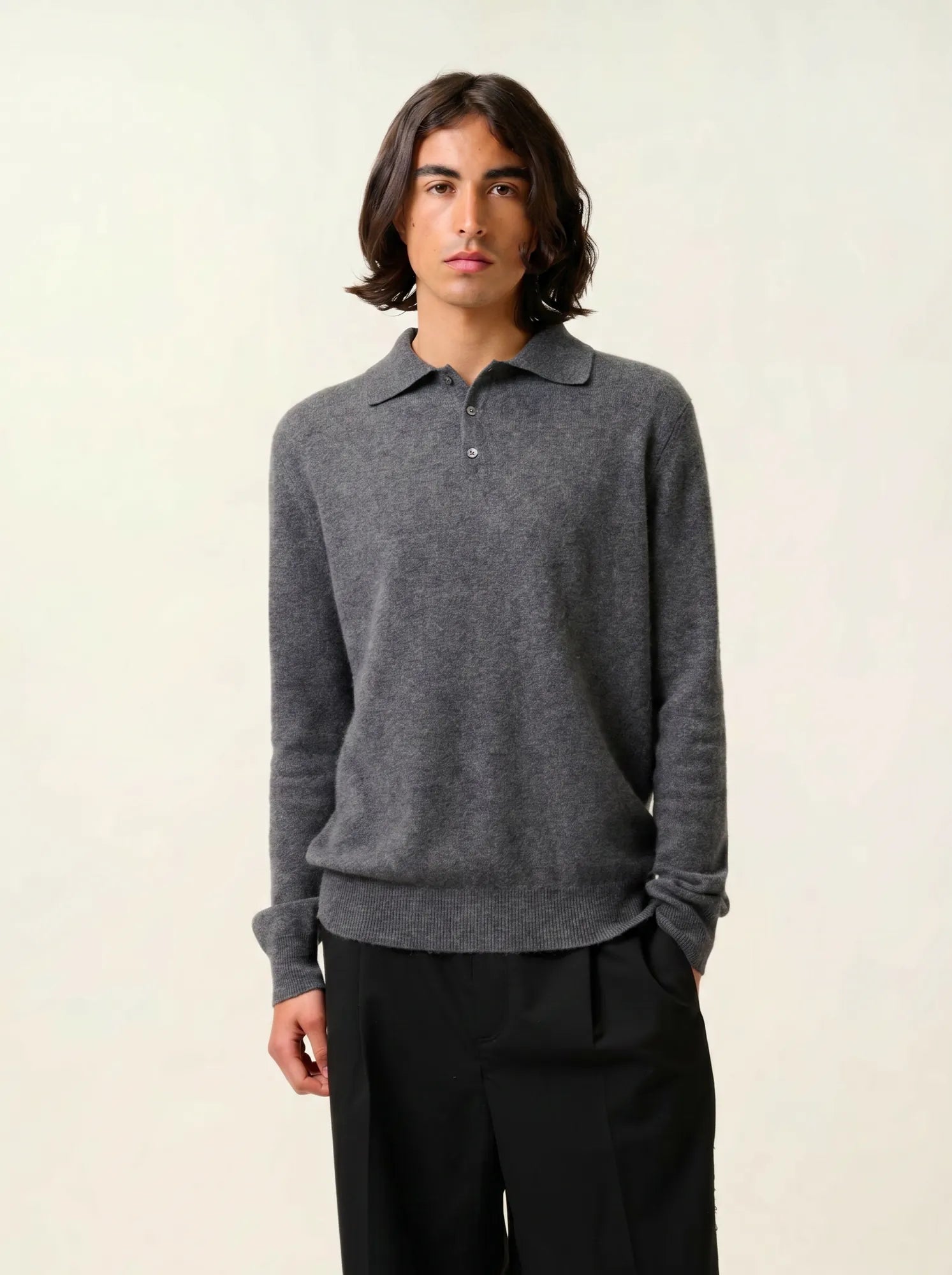 CHARVET polo manches longues anthracite chiné