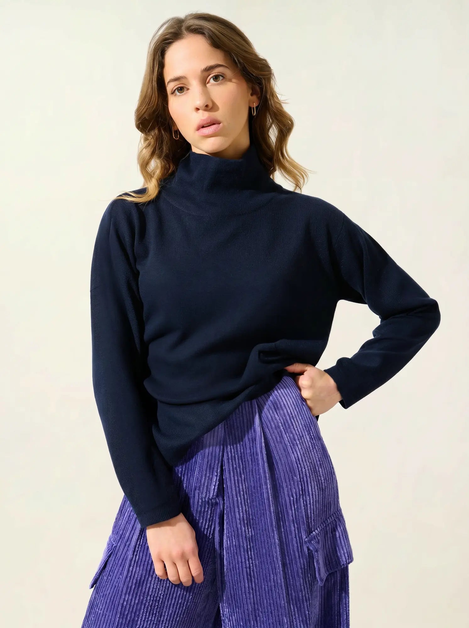 CHEVIOT pull col montant bénitier bleu marine