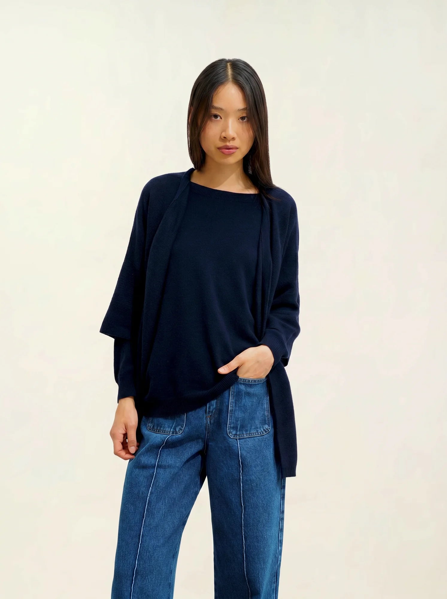 MENDIP Vest Open V-Neck 3/4 Sleeves Navy