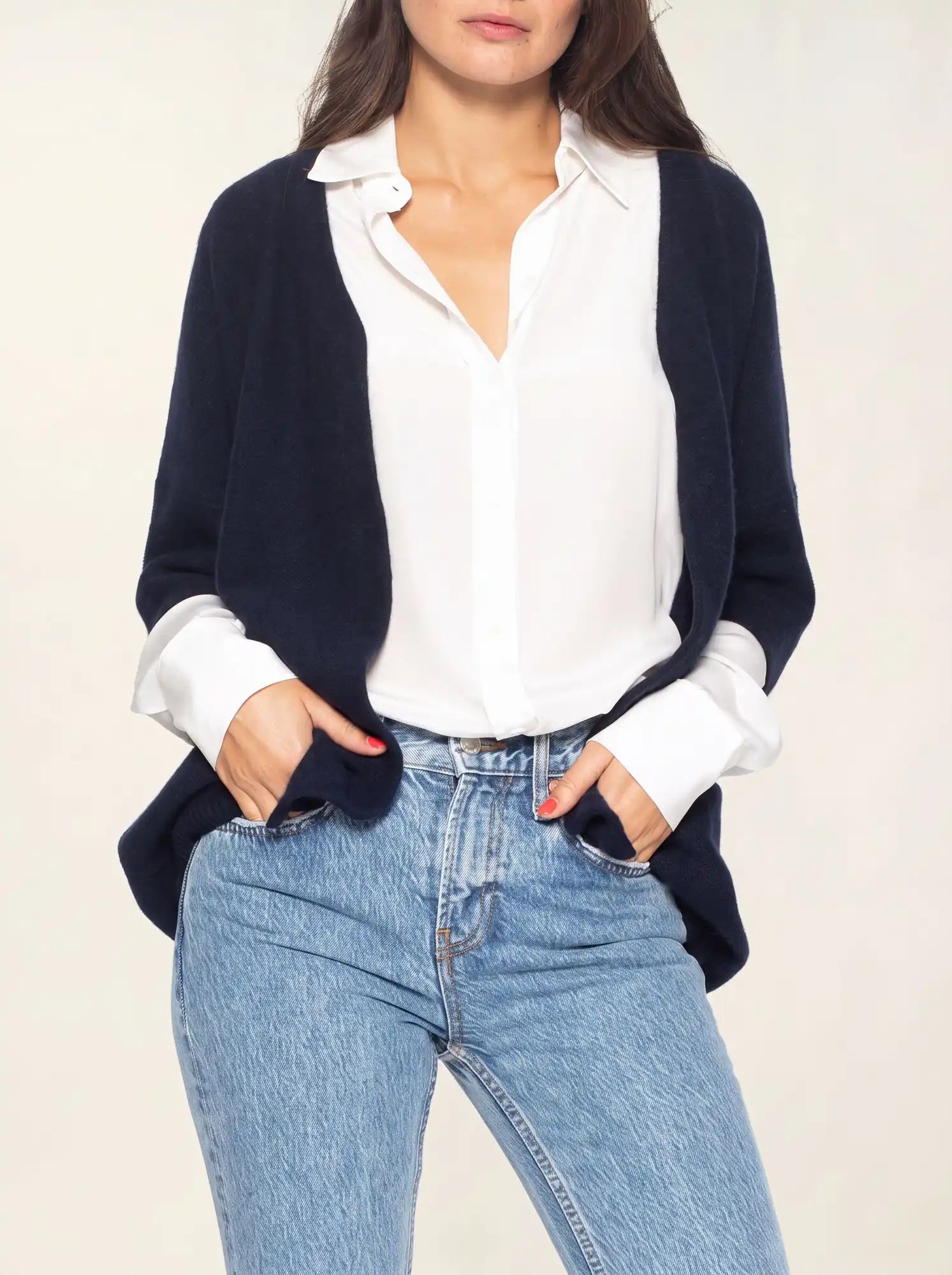 MENDIP Vest Open V-Neck 3/4 Sleeves Navy