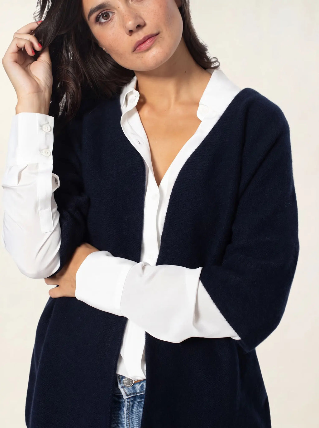 MENDIP Vest Open V-Neck 3/4 Sleeves Navy