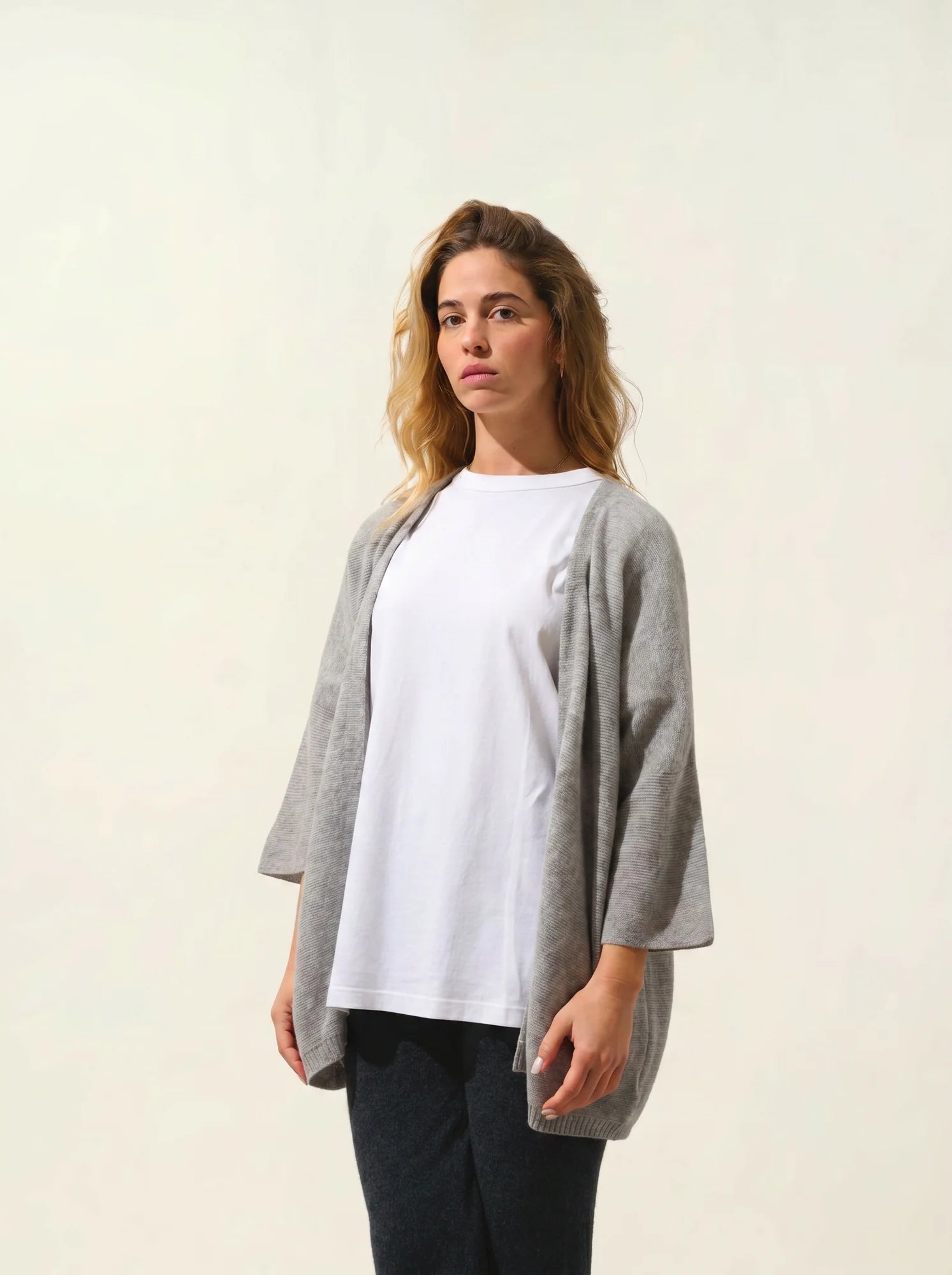 MENDIP gilet ouvert col V manches 3_4 nuage chiné