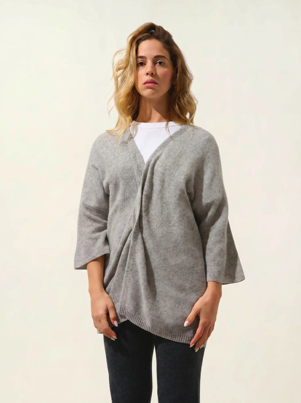 MENDIP gilet ouvert col V manches 3_4 nuage chiné
