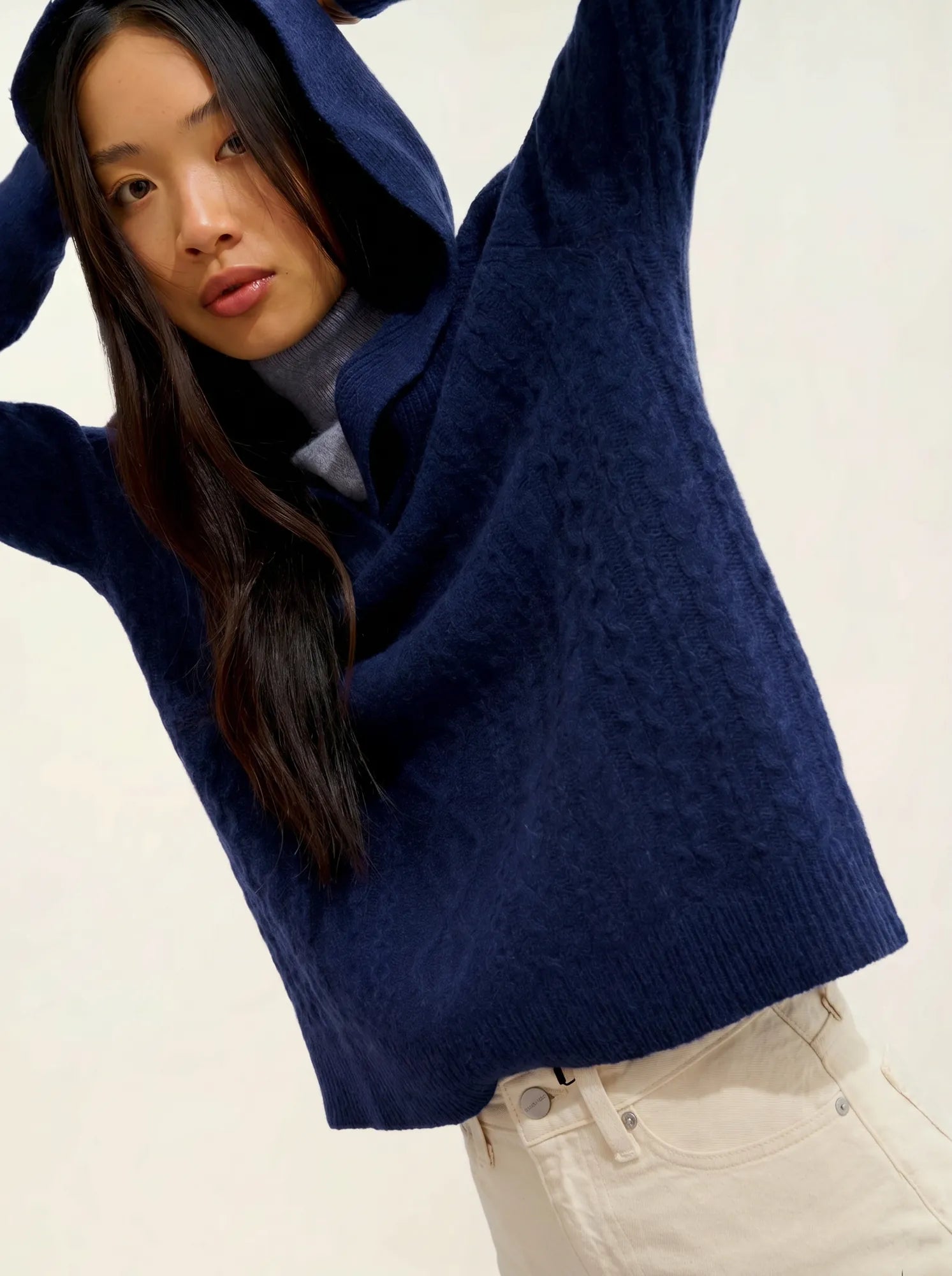 KHANDRO sweater hooded 6 ply midnight blue