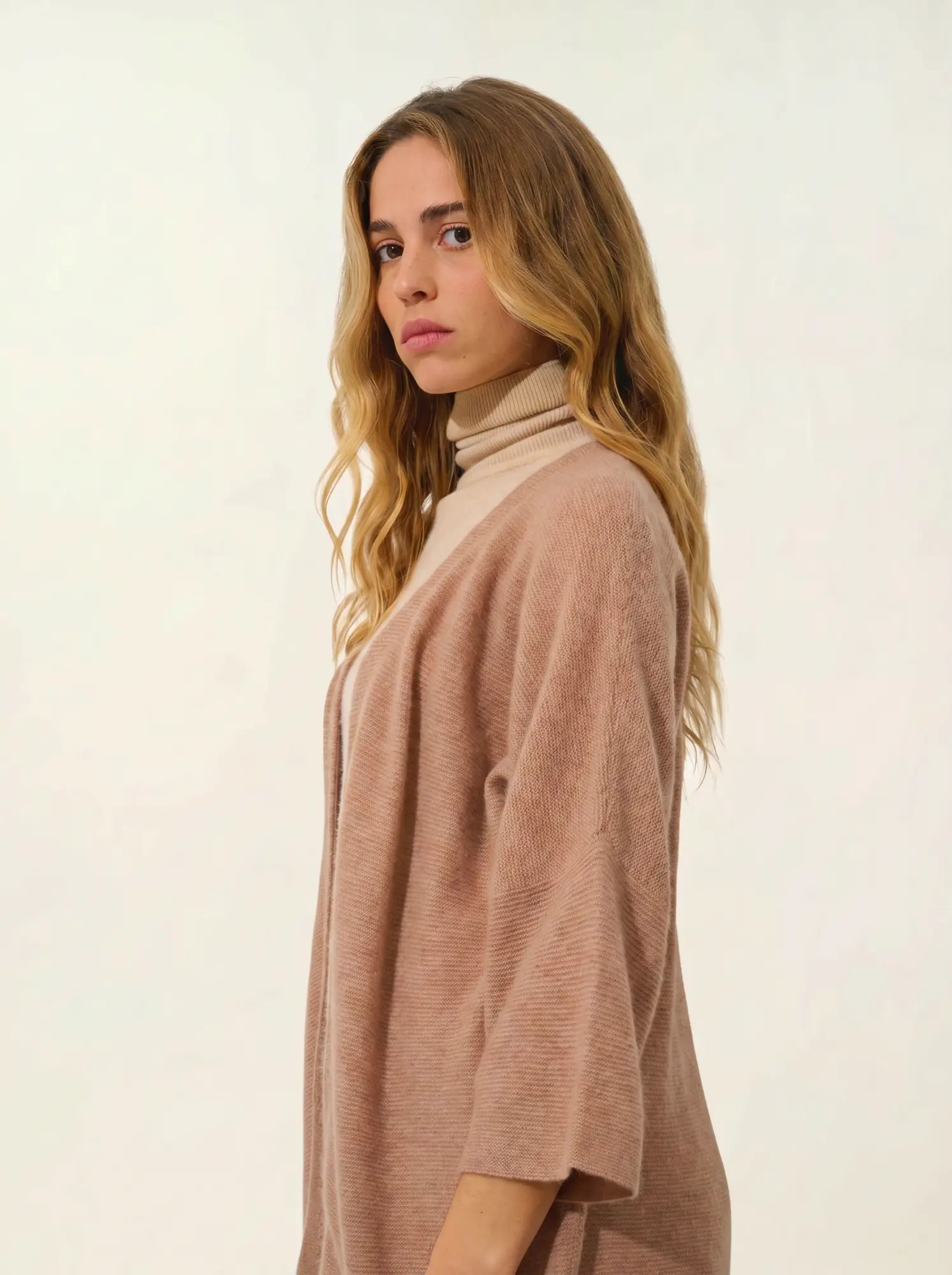 MENDIP Vest Open V-Neck 3/4 Sleeves Heather Camel