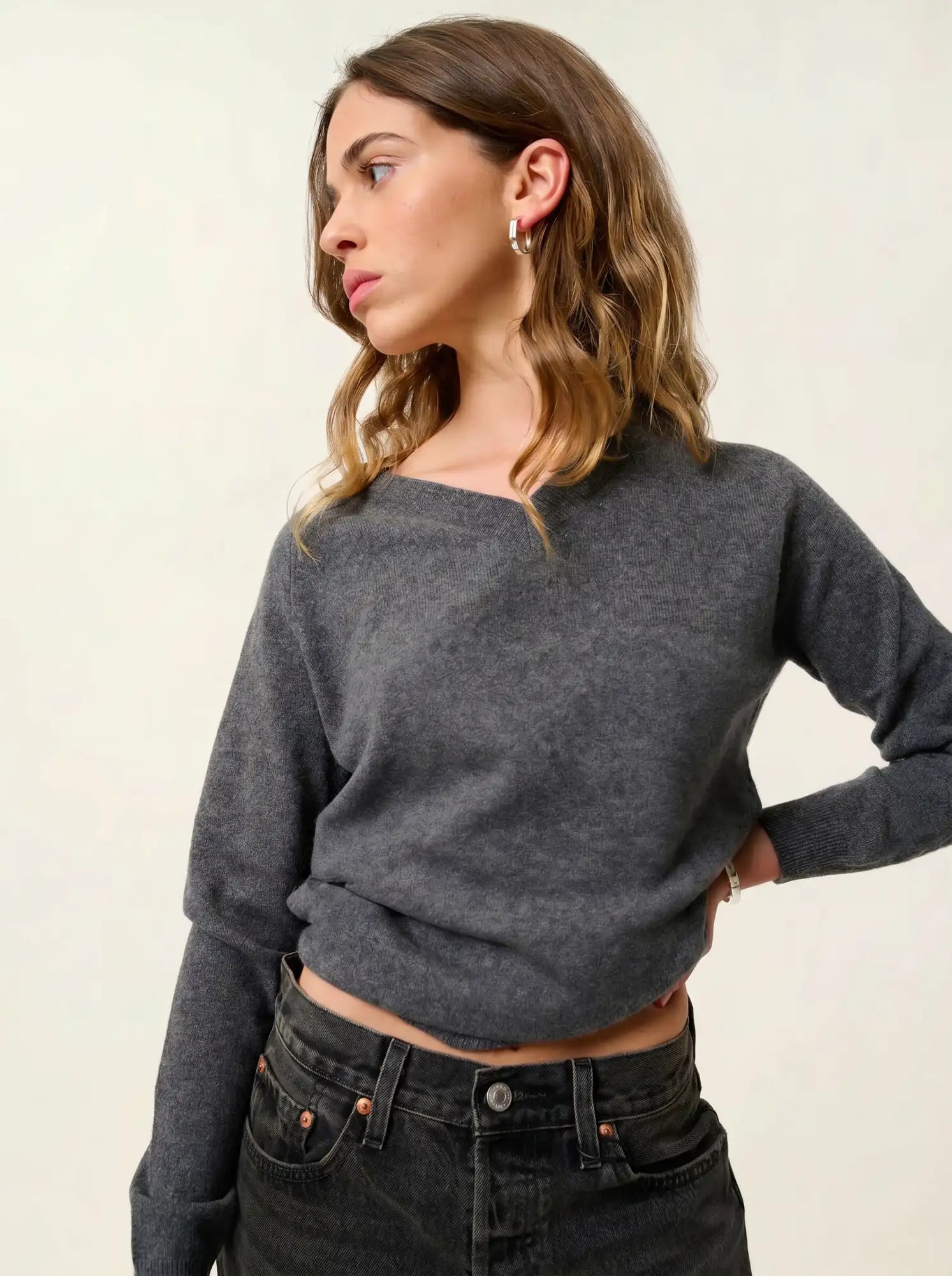 SAVANNAH pull col V anthracite chiné