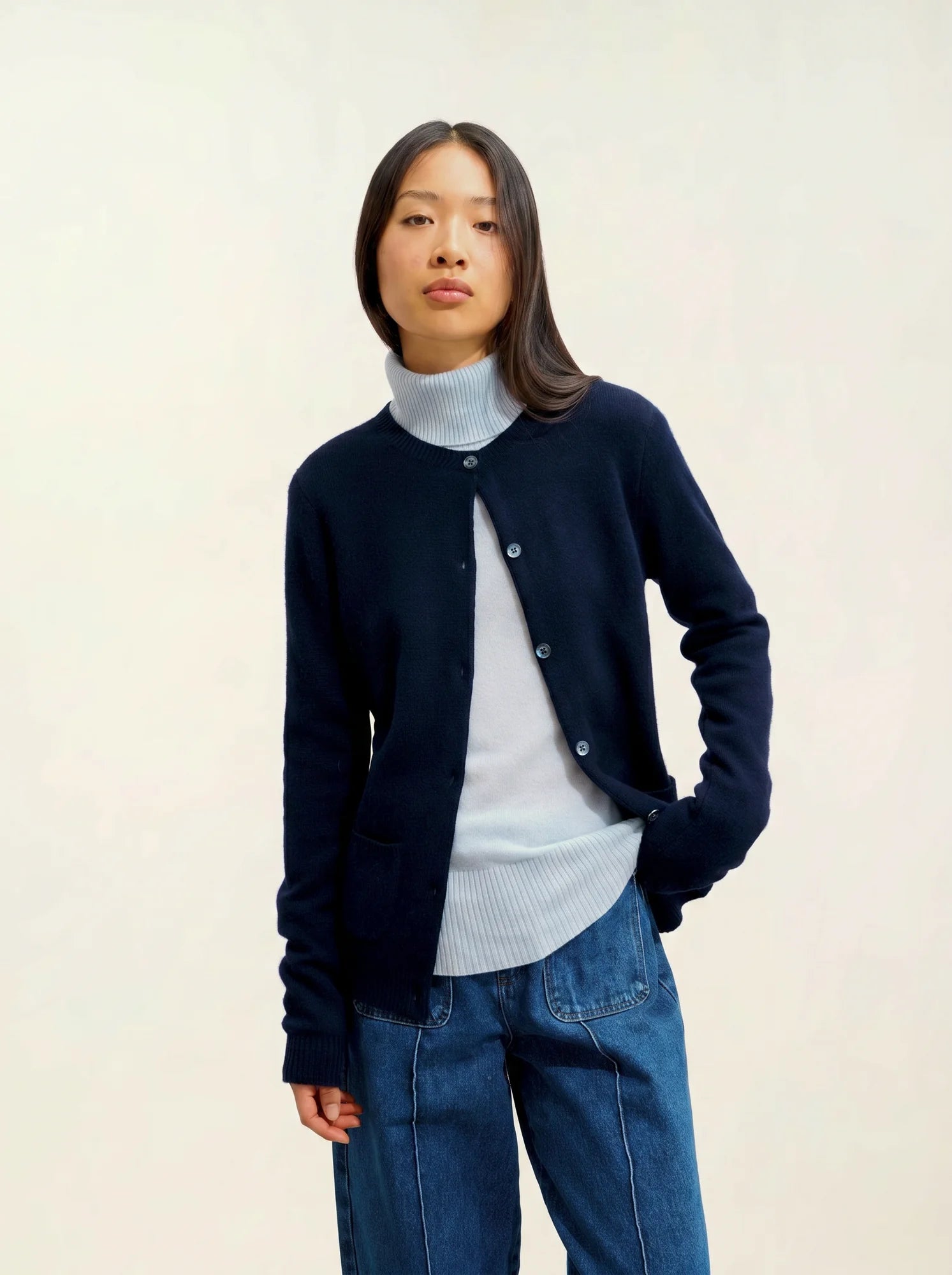 ELISE cardigan col rond 4 fils bleu marine