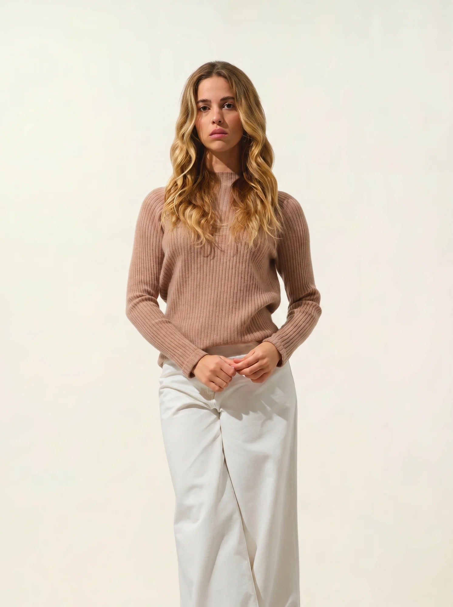 ASSIA pull col montant boutons poignets camel chiné