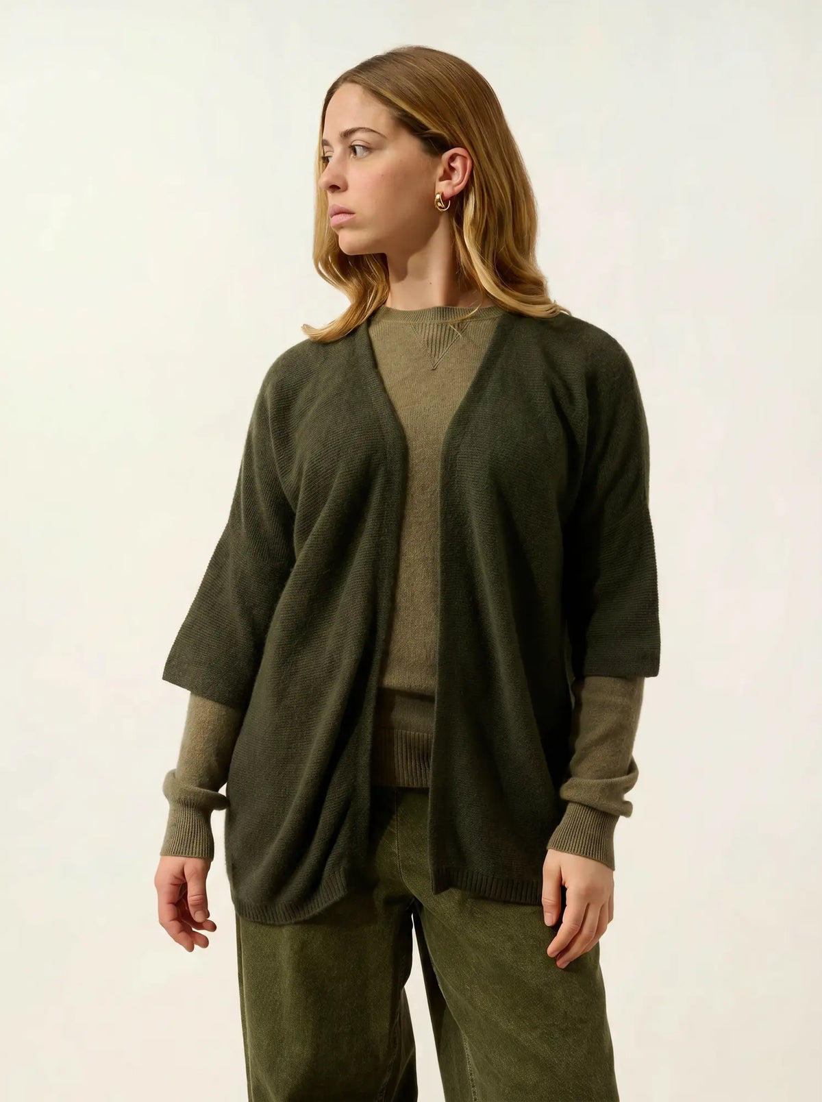 MENDIP Vest Open V-Neck 3/4 Sleeves Khaki