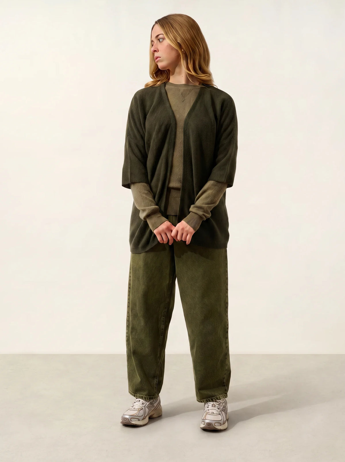 MENDIP Vest Open V-Neck 3/4 Sleeves Khaki