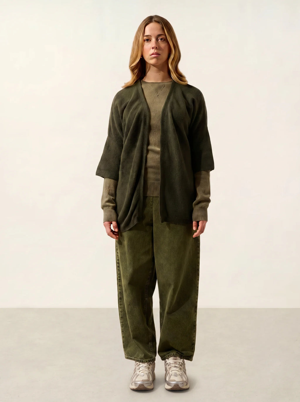 MENDIP Vest Open V-Neck 3/4 Sleeves Khaki