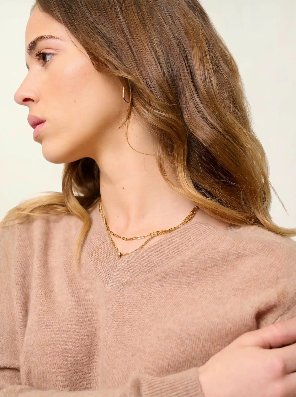 SAVANNAH Pullover V-Ausschnitt Camel meliert