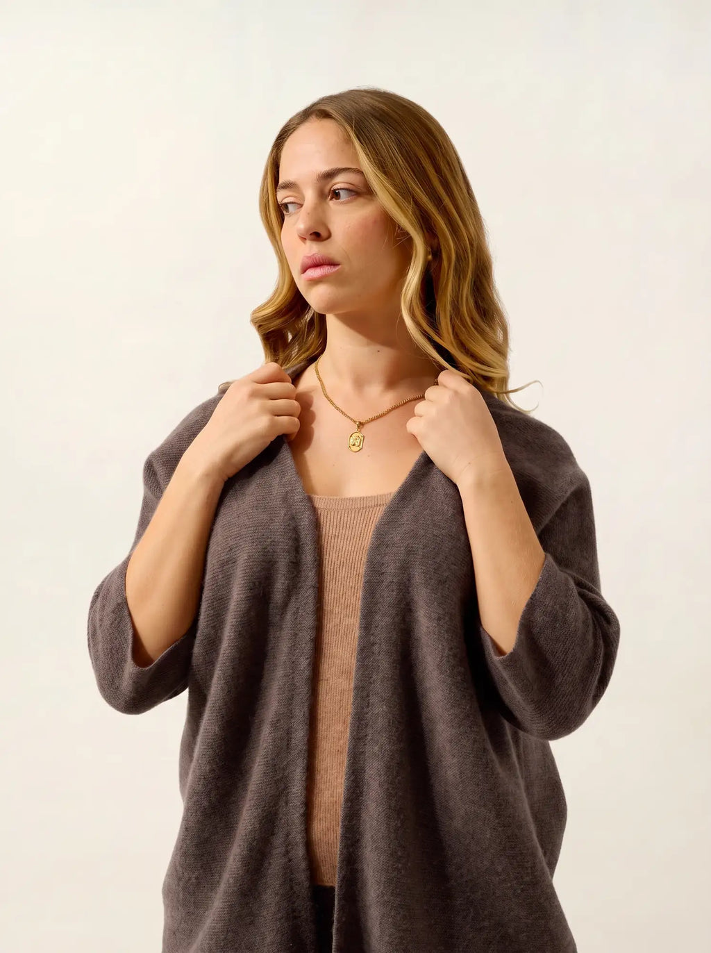 MENDIP Vest Open V-Neck 3/4 Sleeves Taupe and Dusty Pink