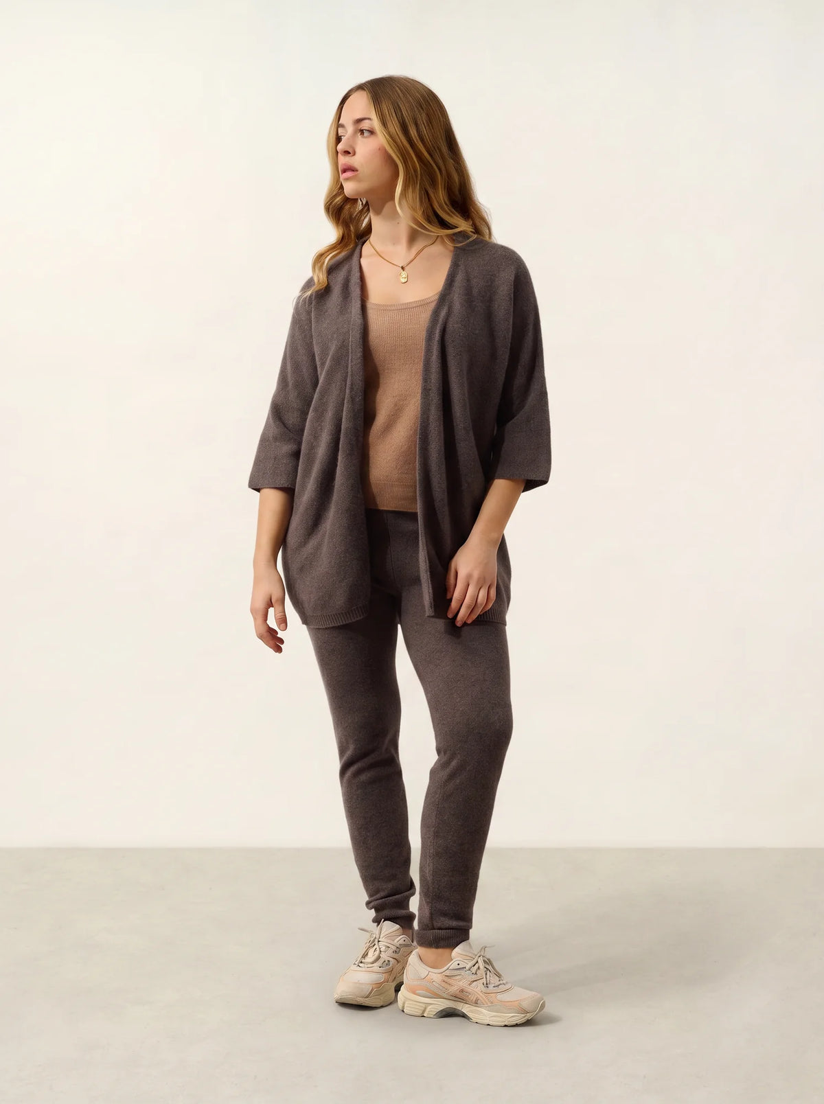 MENDIP Vest Open V-Neck 3/4 Sleeves Taupe and Dusty Pink