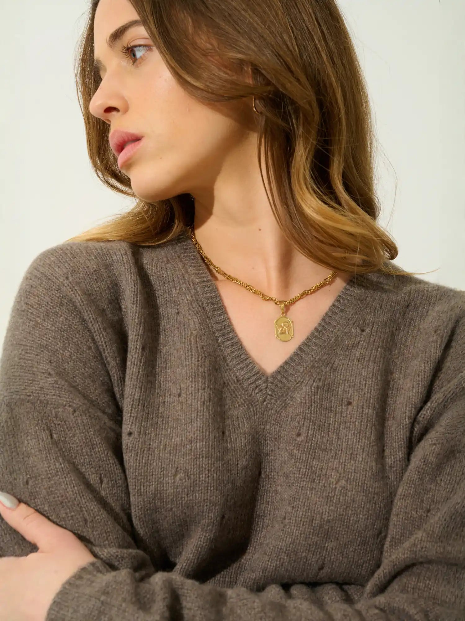 DOTY pull col V 4 fils taupe chiné