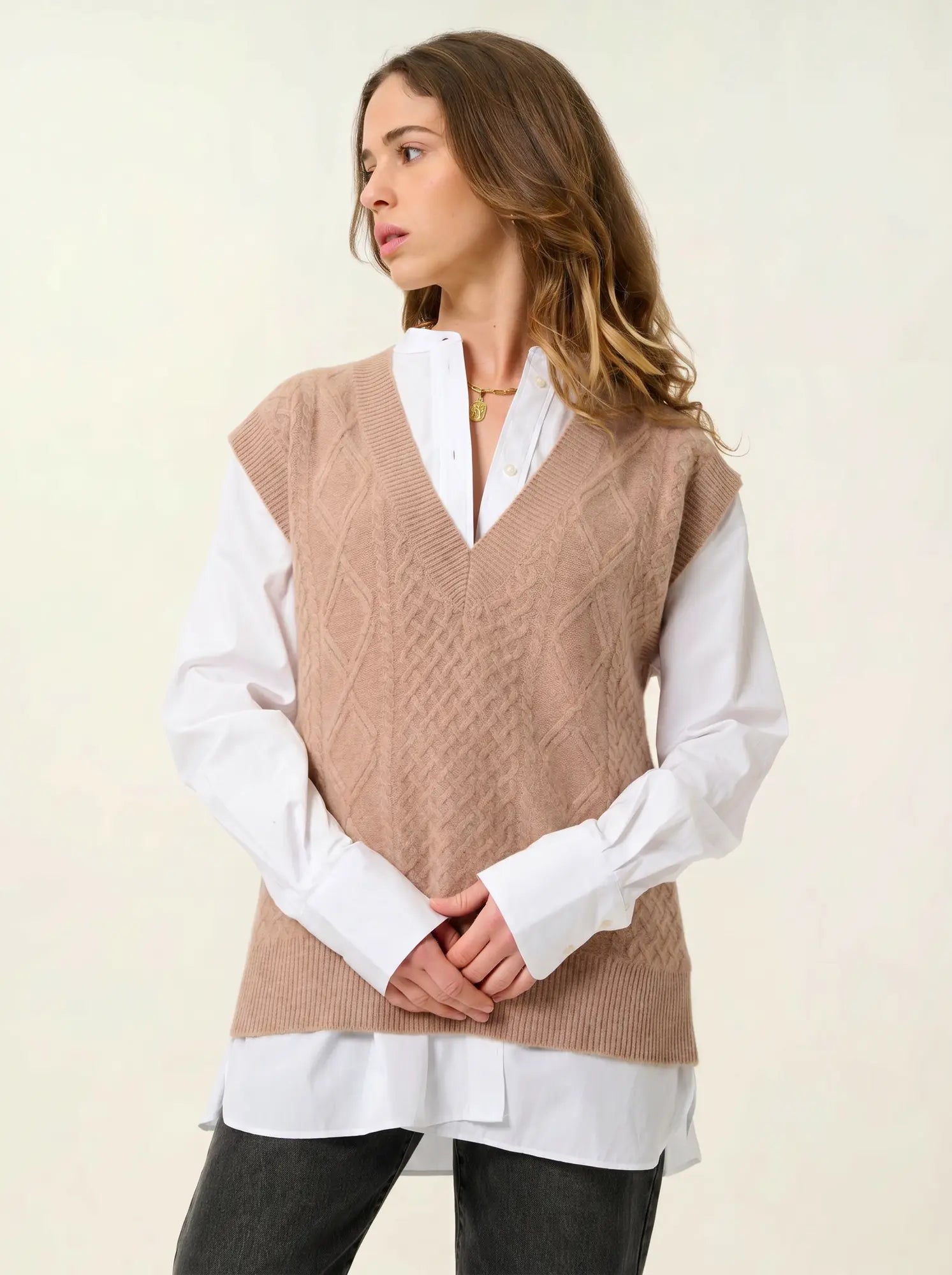 ASLOG pullover v-ausschnitt ärmellos 4-fädig camel meliert