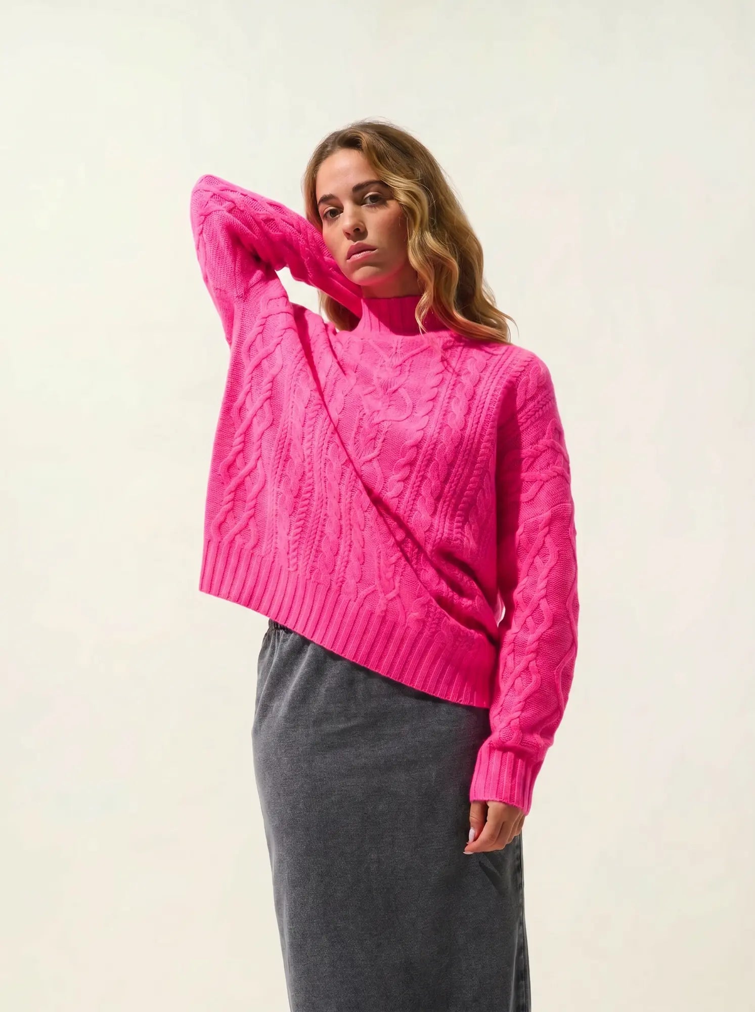 CORINNE Pullover Stehkragen 6-fädig Neonrosa