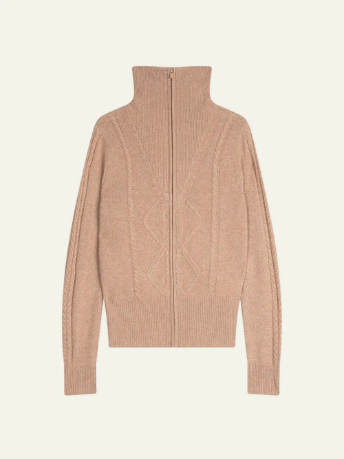 ANTIGO Gilet Zippé Col Camionneur 4 Fils Camel Chiné