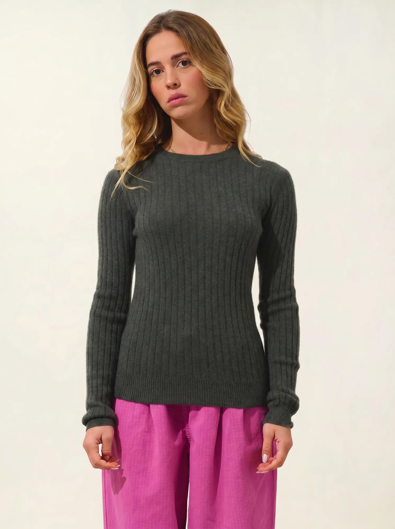 BELLA Pullover Rundhalsausschnitt Khaki meliert