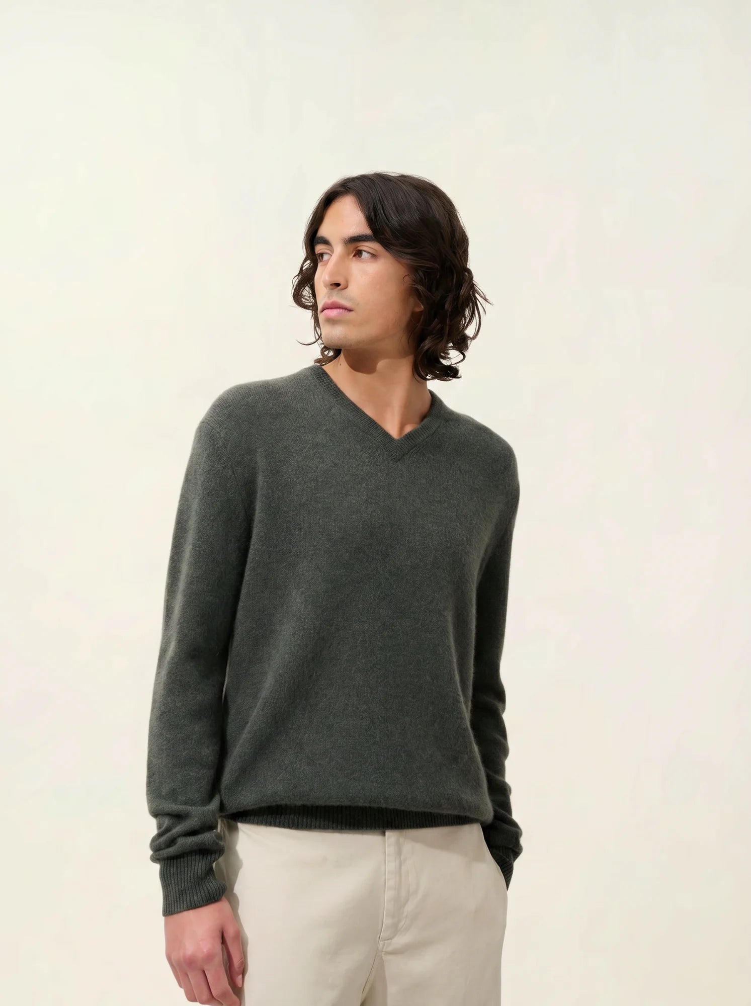 VICTOR pull col V 4 fils kaki chiné
