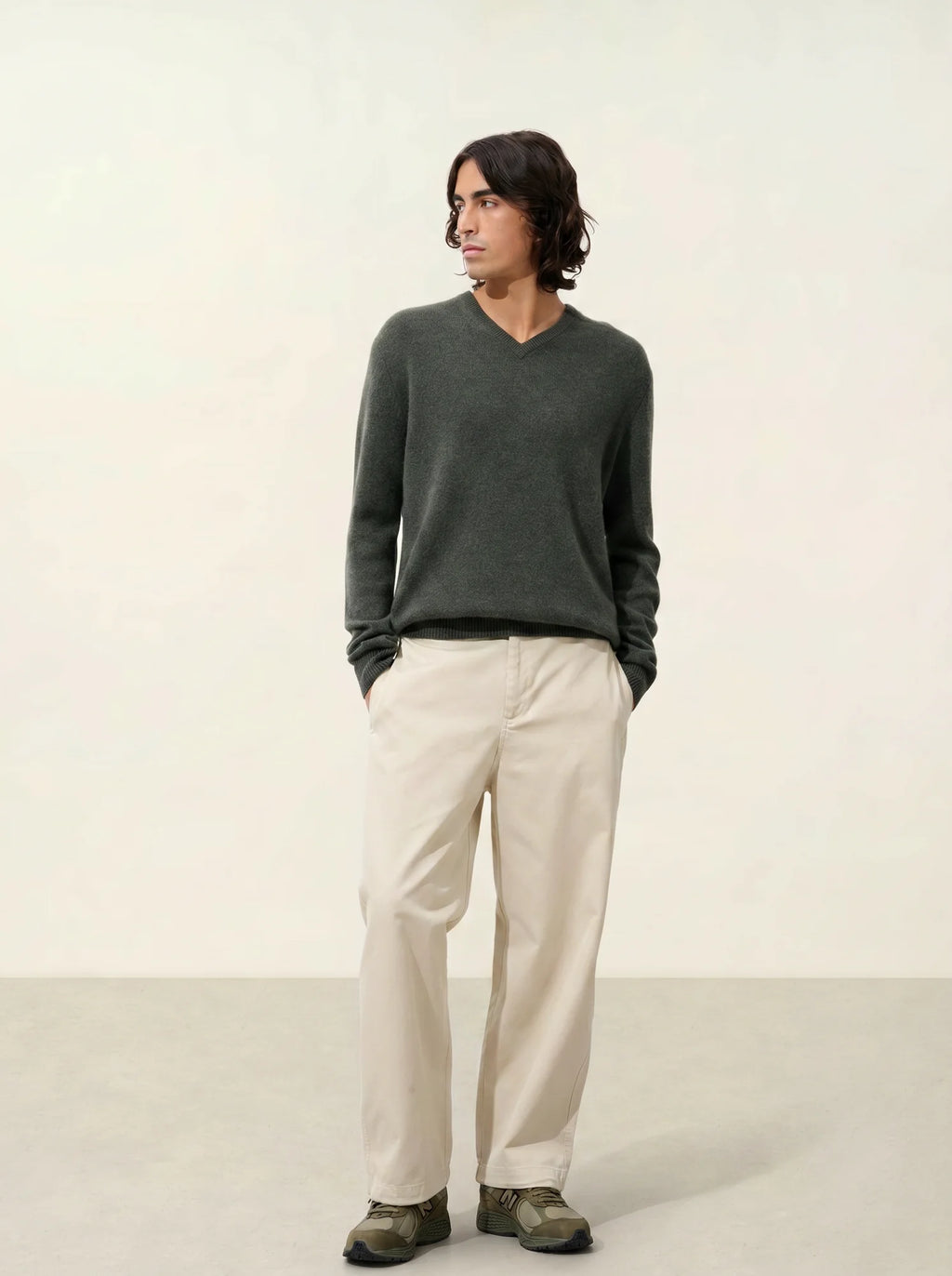 VICTOR pull col V 4 fils kaki chiné