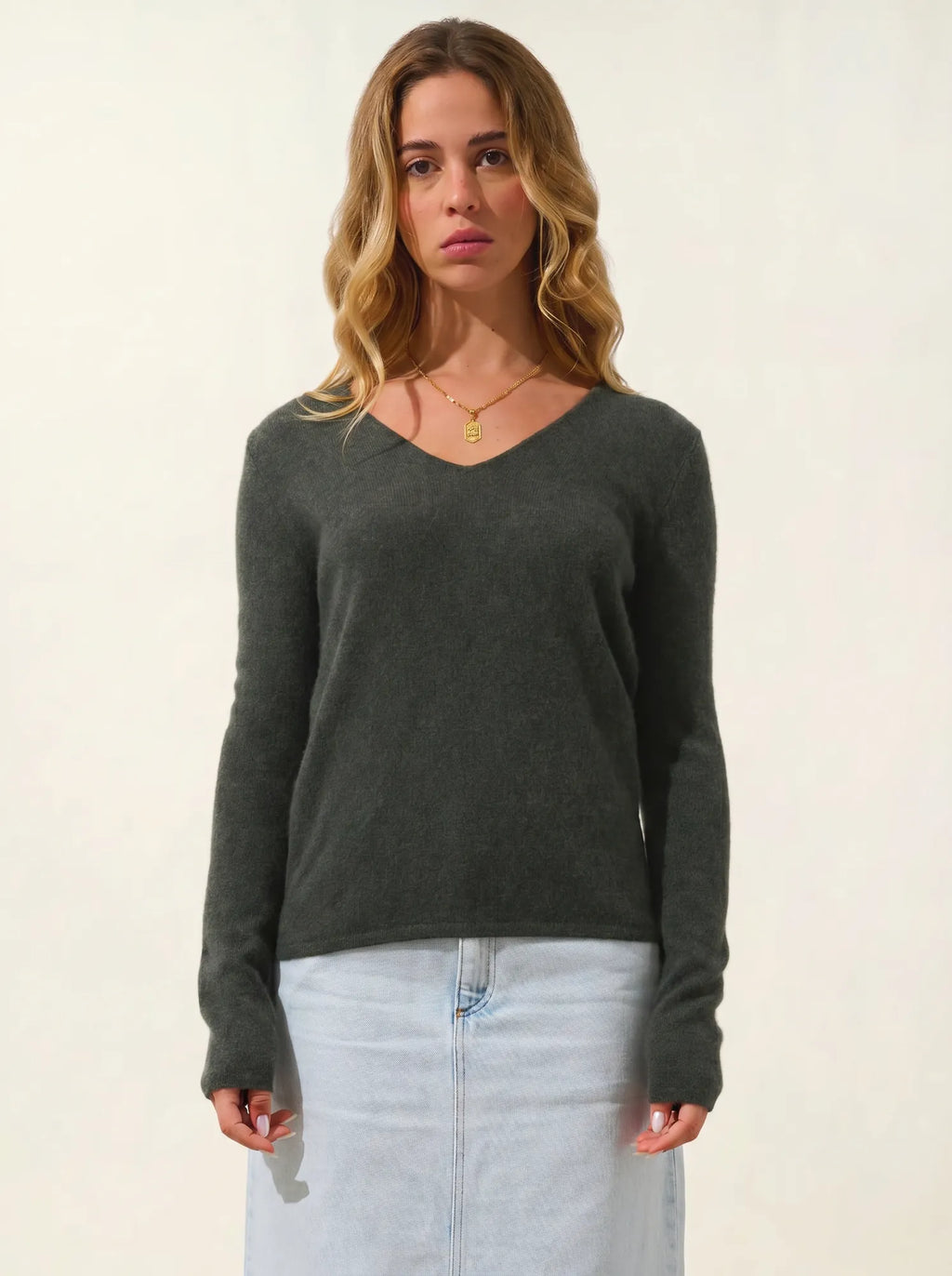 GALISE Pullover V-Ausschnitt Khaki meliert
