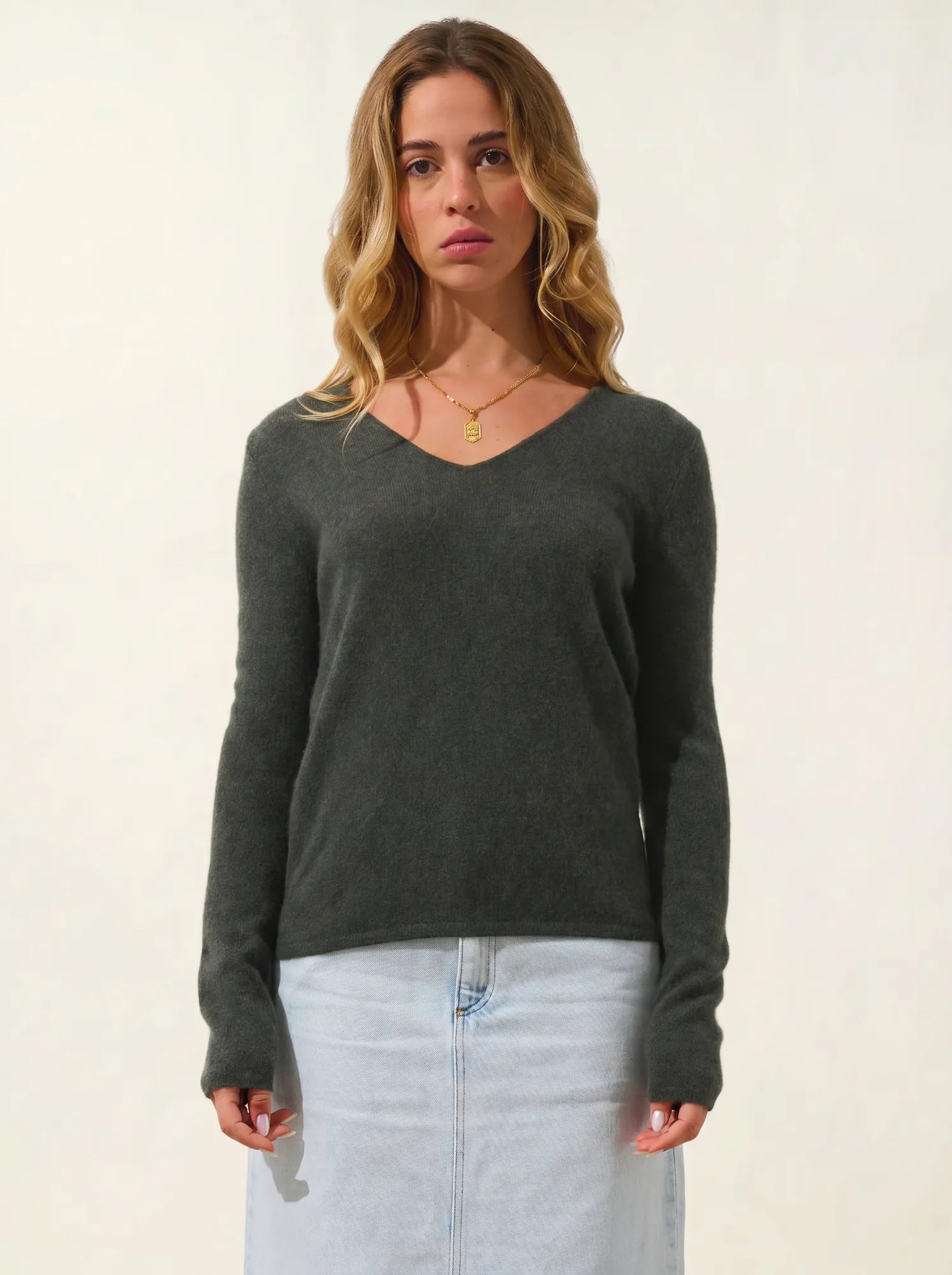 GALISE Pullover V-Ausschnitt Khaki meliert