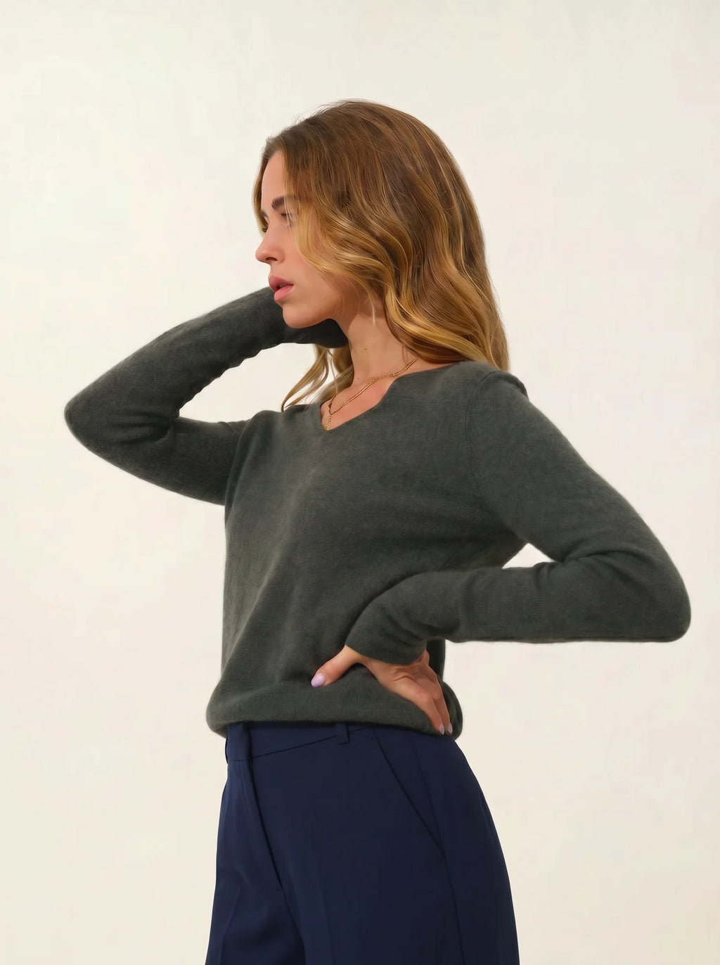 GALISE Pullover V-Ausschnitt Khaki meliert