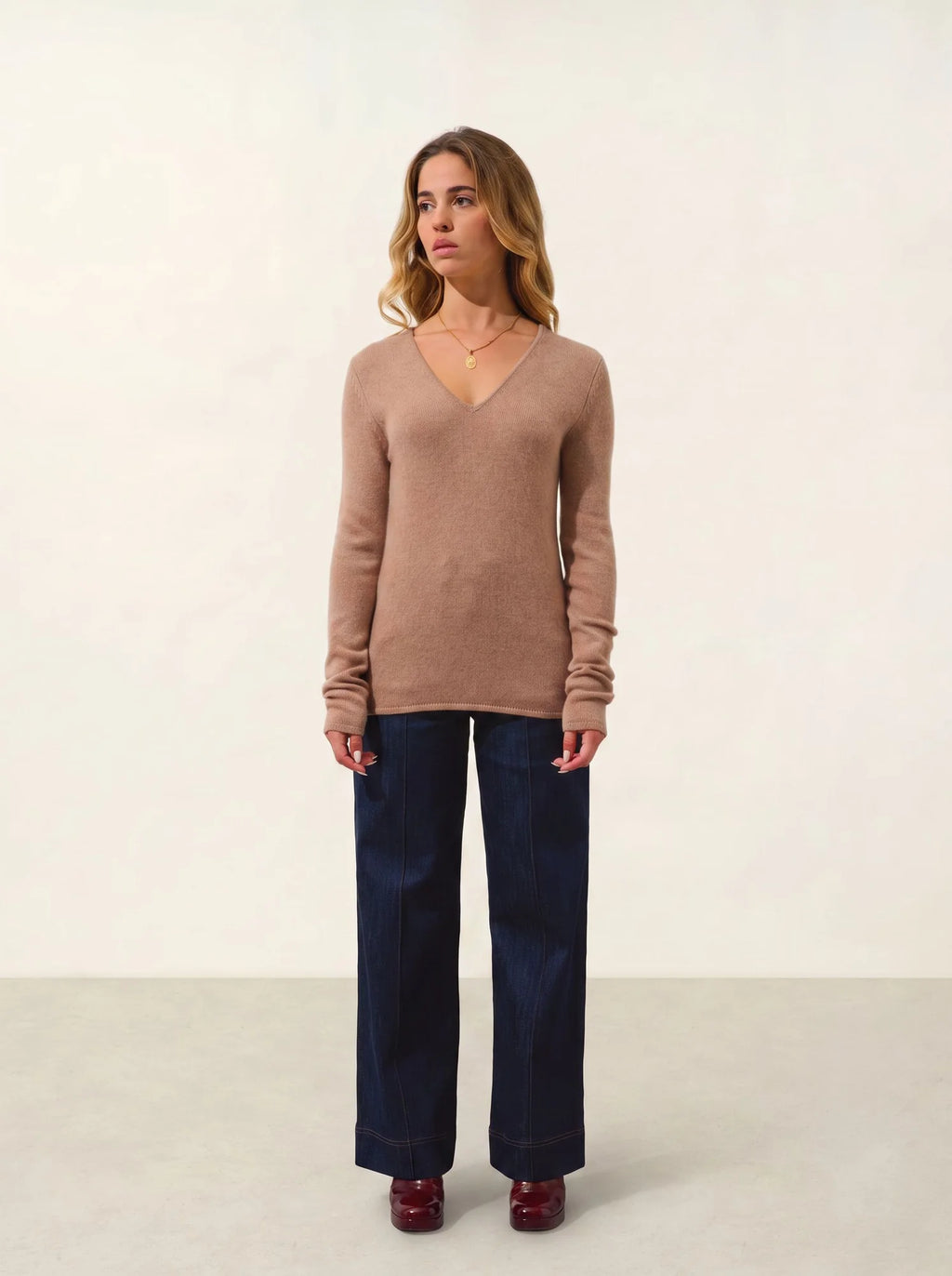 CHELSEA Pullover V-Ausschnitt 4-fädig Camel meliert